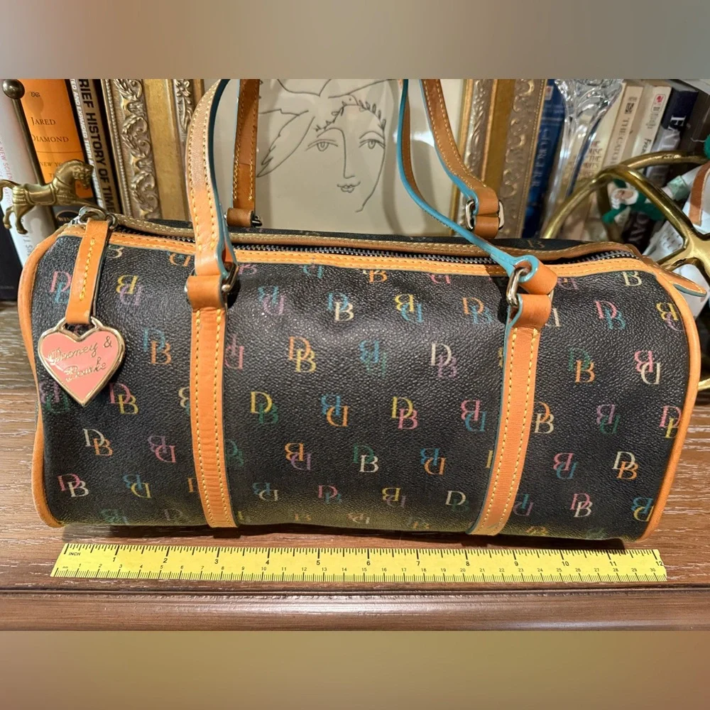 Dooney & Bourke Black Multicolor Logo Barrel Satchel with Tan Trim